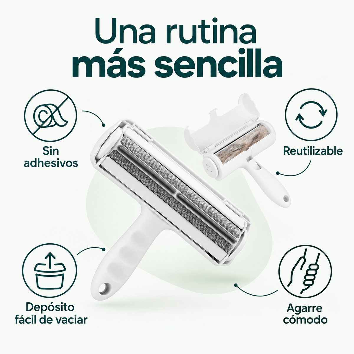 Beneficios de AtrapaPelo: reutilizable, sin adhesivos, depósito fácil de vaciar y agarre cómodo