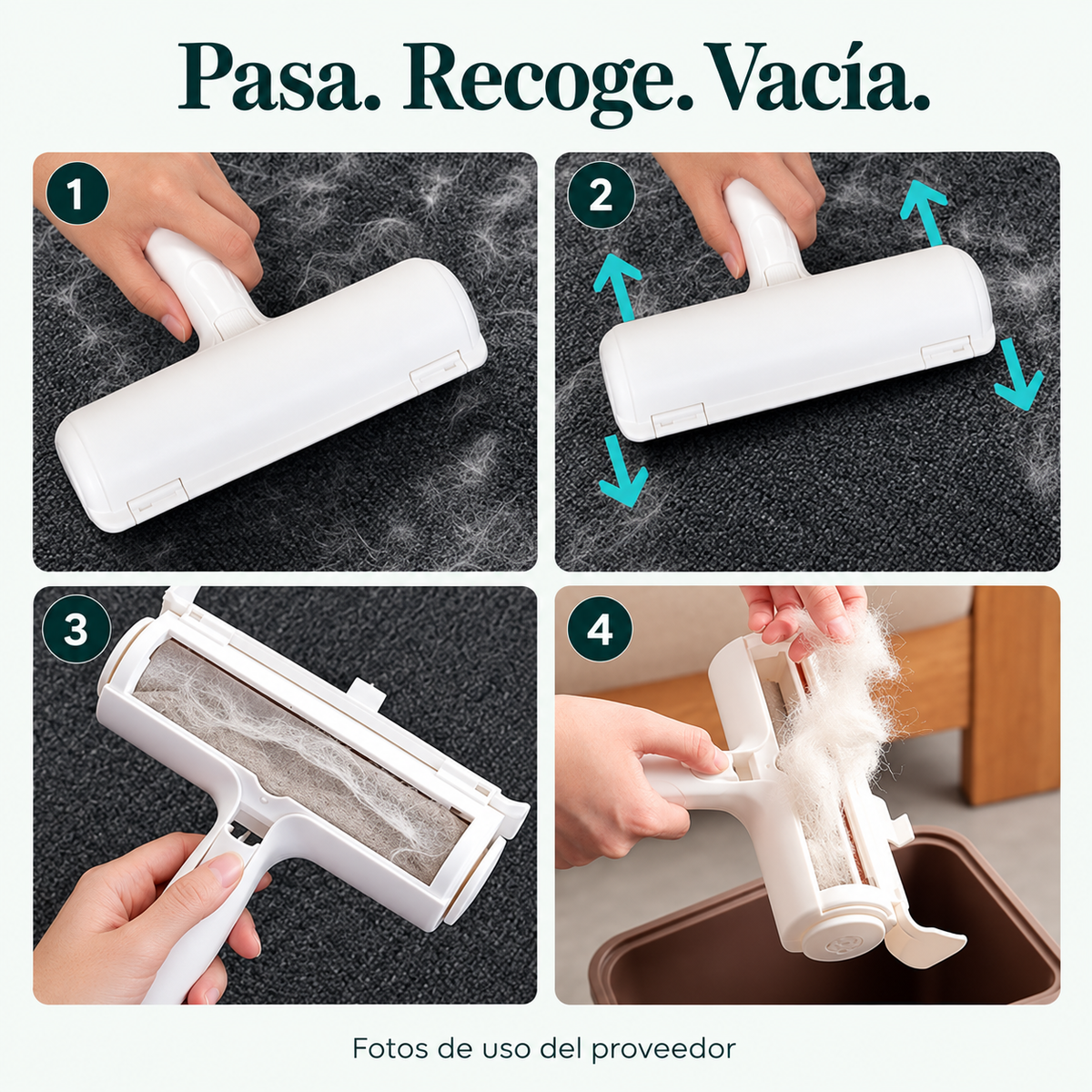 Modo de uso de AtrapaPelo: pasar el rodillo, recoger el pelo y vaciar el depósito
