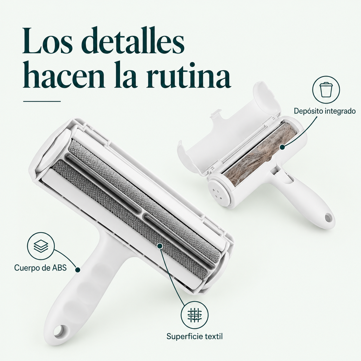 Detalles de AtrapaPelo: cuerpo de ABS, superficie textil y depósito integrado