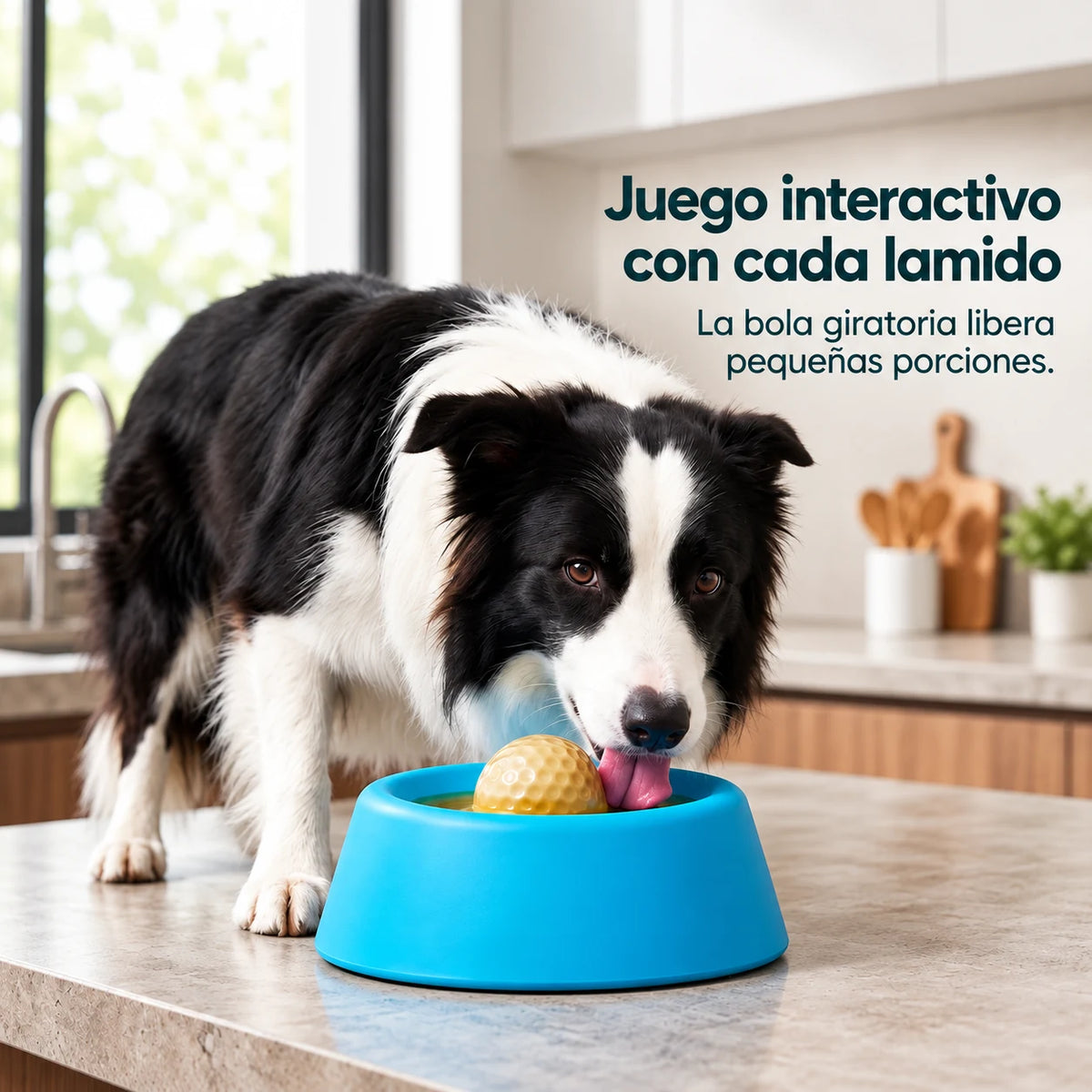 Perro usando NutriGiro azul con bola giratoria